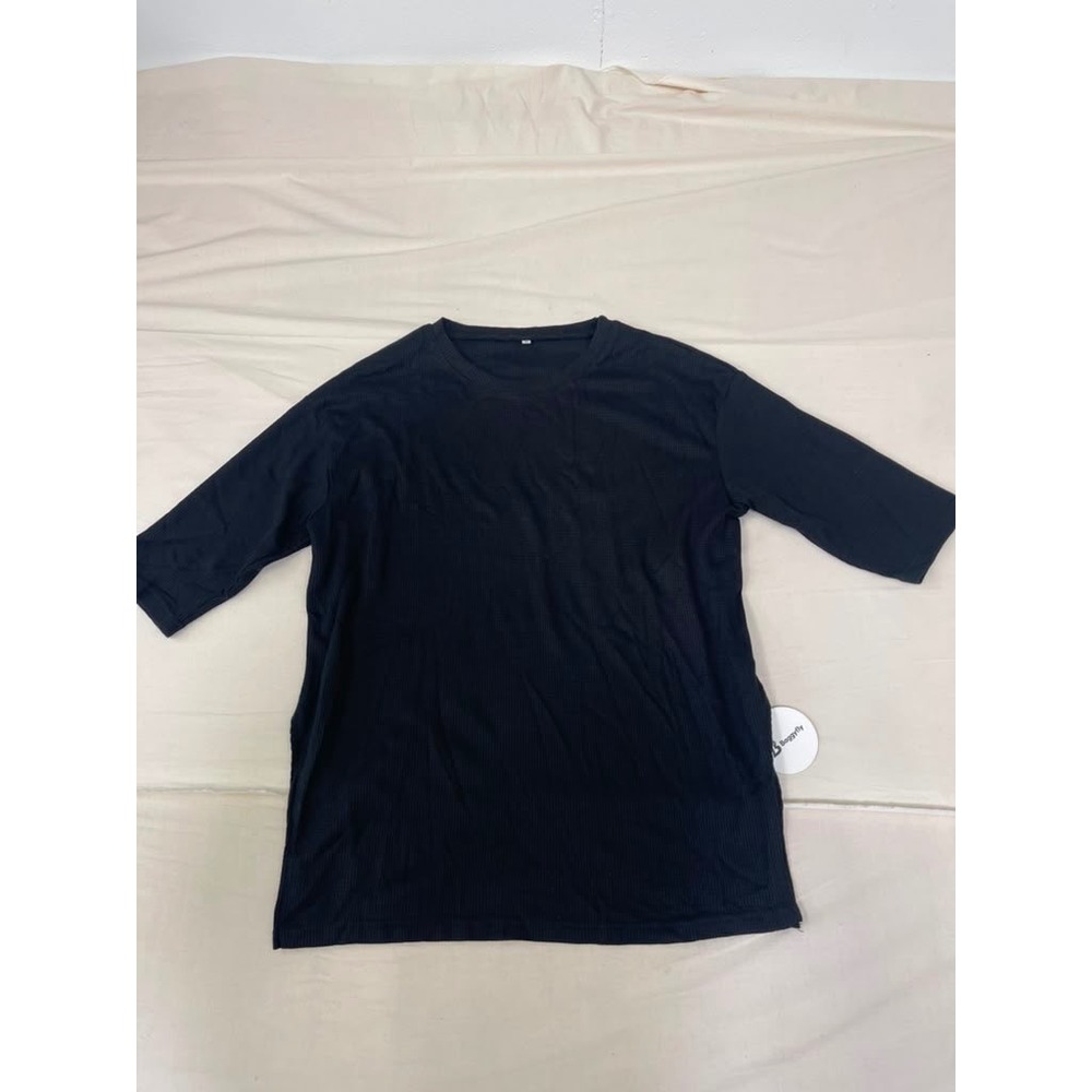 Baggyfly Black Waffle Knit Elbow Sleeve Crew Neck Oversized Thermal Top Womens M